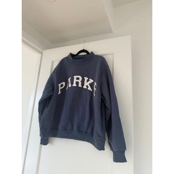 Parke Varsity Pullover Sweatshirt Blue Mockneck Lettering Patch - Picture 3 of 7